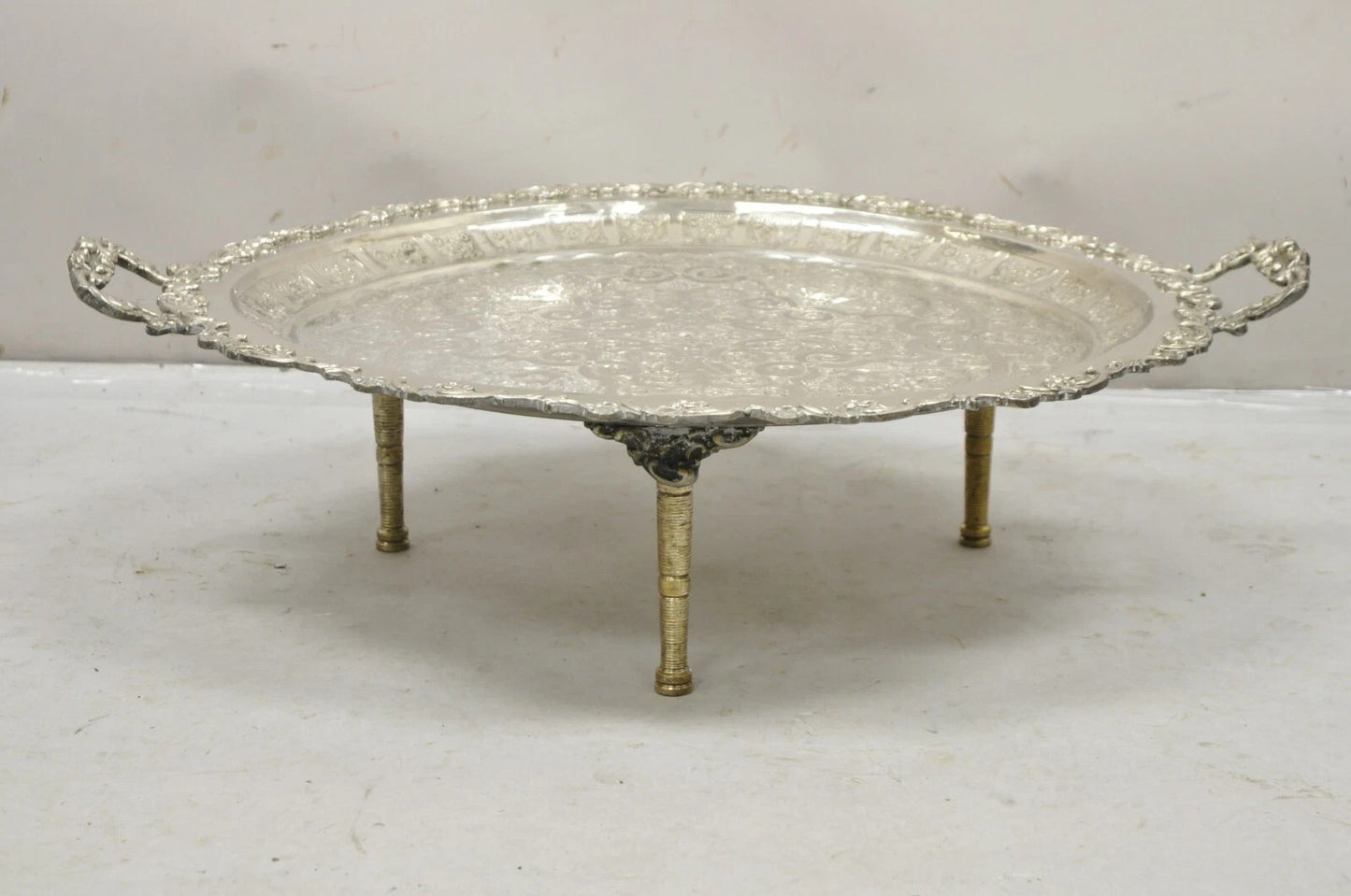 Large Victorian Style Oval Silver Plated Serving Platter Tray Raised on Feet