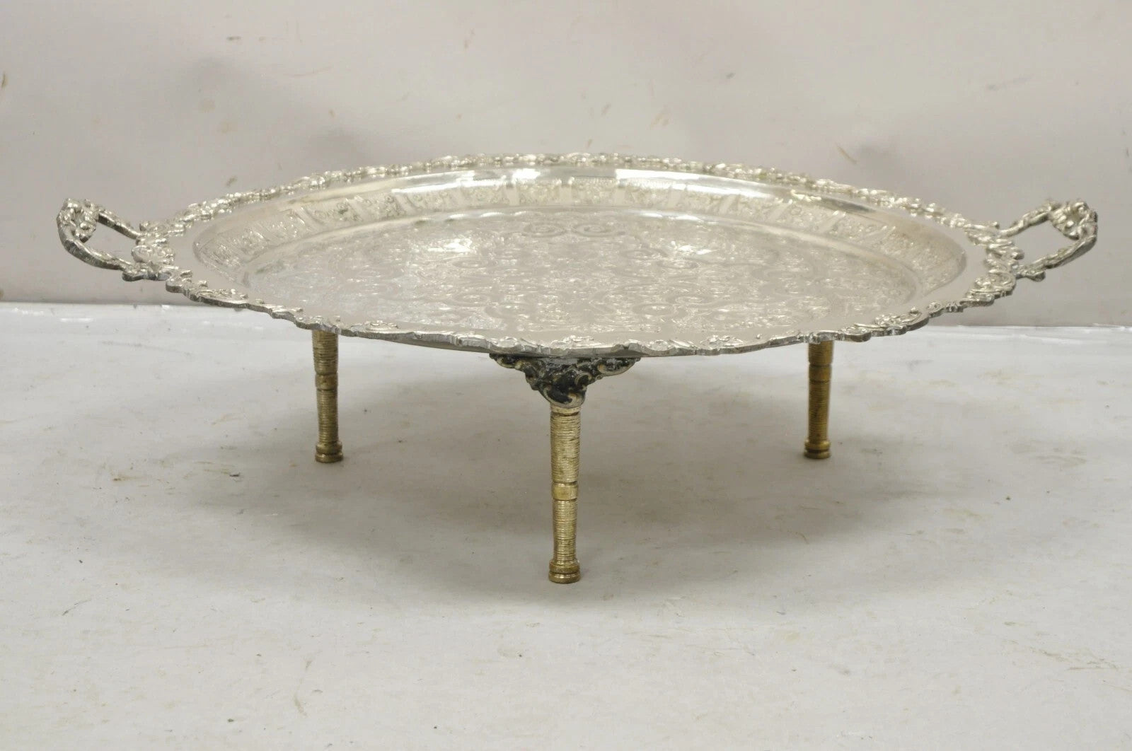 Large Victorian Style Oval Silver Plated Serving Platter Tray Raised on Feet