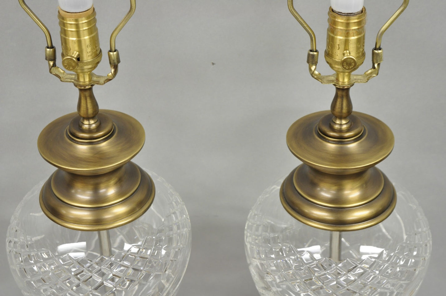 French Empire Cut Crystal Glass Urn & Brushed Brass Table Lamps by Wildwood Pair