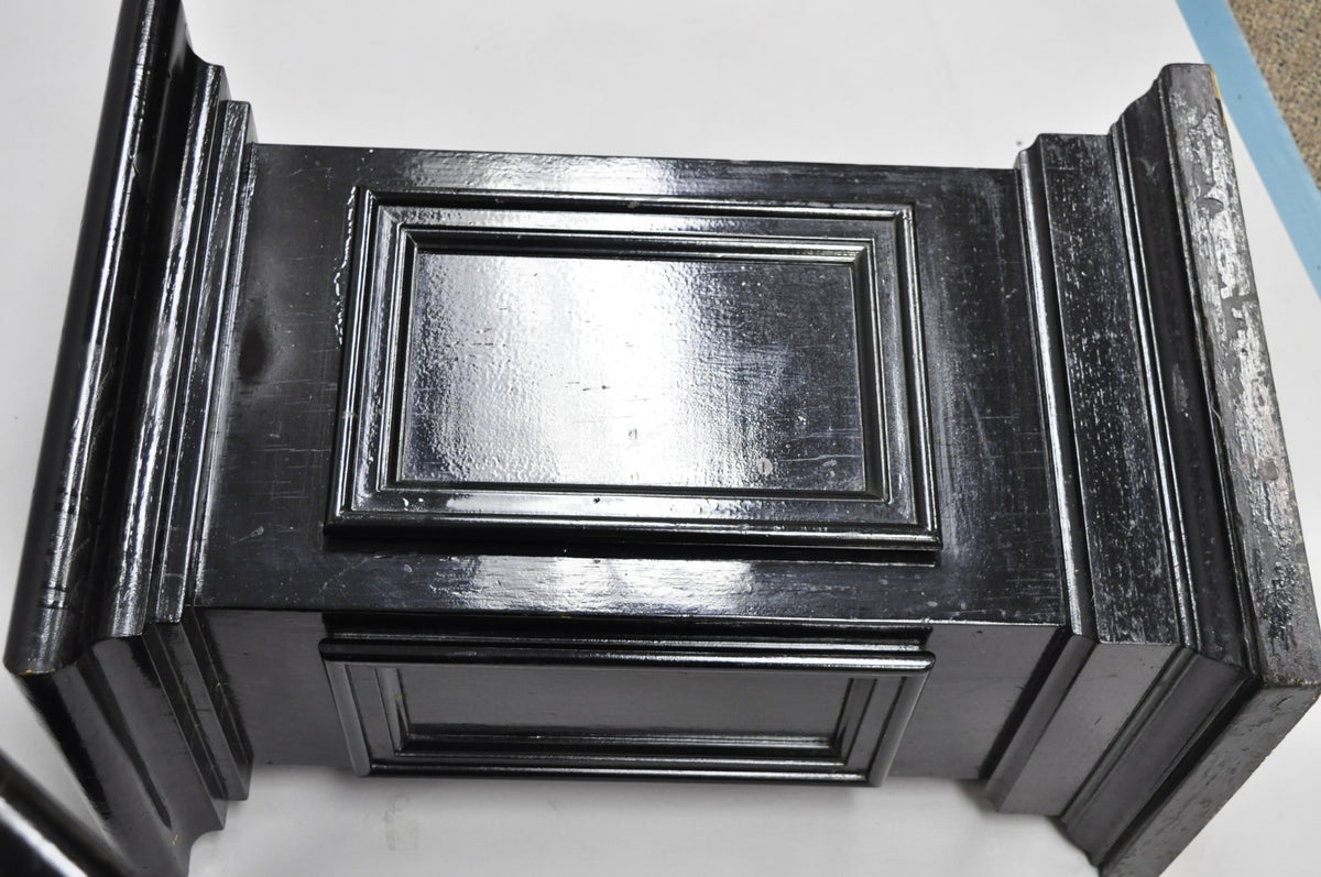 Vintage French Empire Style Black Lacquer Painted Pedestal Column End Table Pair