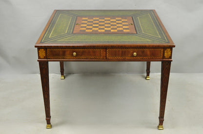 Maitland Smith Marquetry Inlay Leather Mahogany Game Table & 4 Shield Back Chair