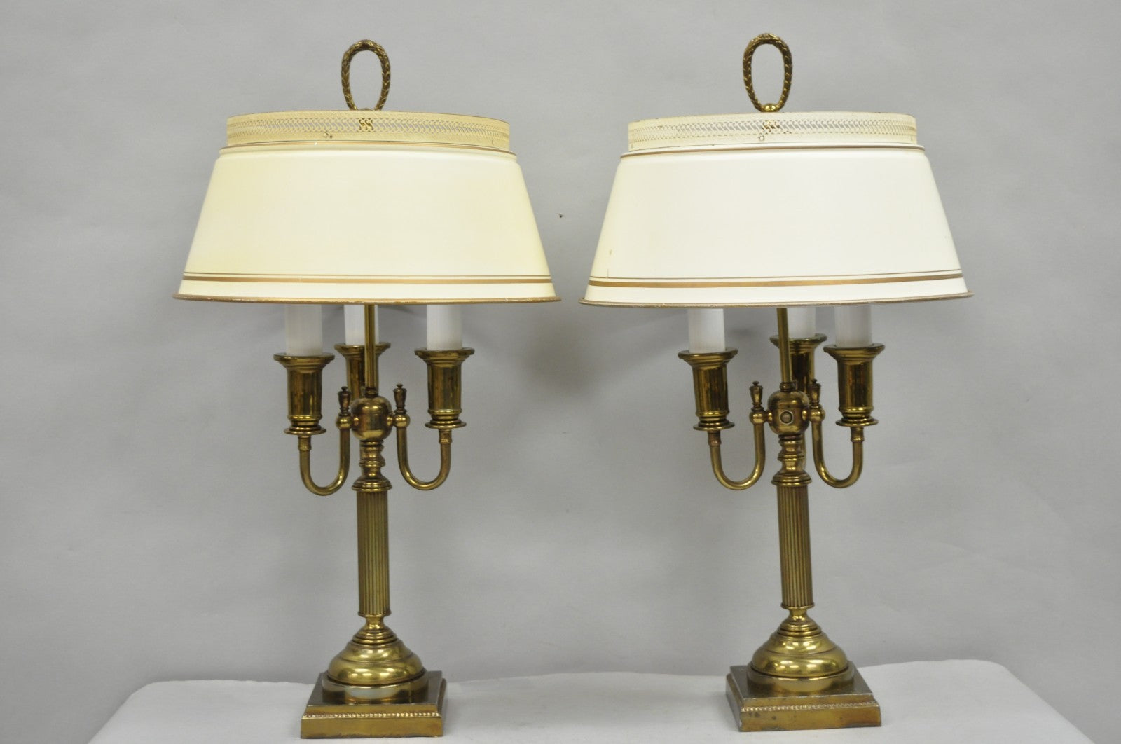 Vintage French Country Tole Metal Shade Brass Column Candelabra Table Lamps Pair