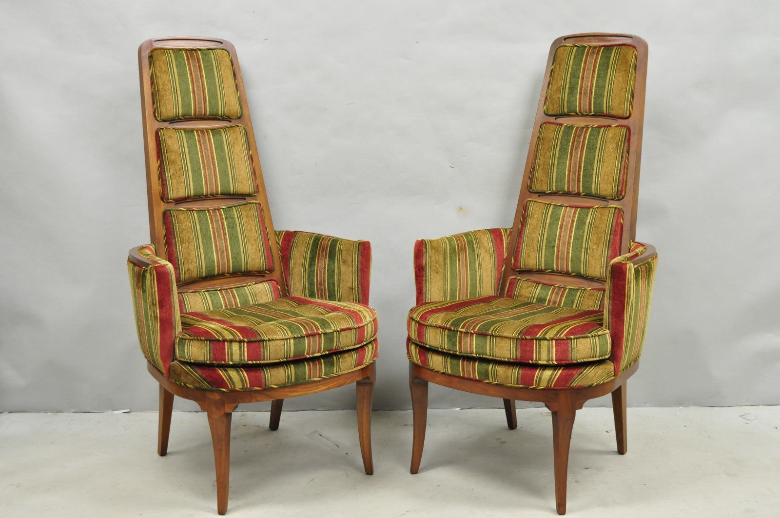 Vintage Mid Century Modern Walnut Panel Back Sculptural Lounge Arm Chairs - Pair
