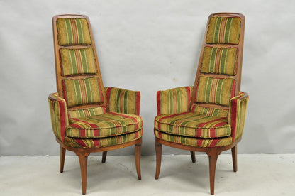 Vintage Mid Century Modern Walnut Panel Back Sculptural Lounge Arm Chairs - Pair