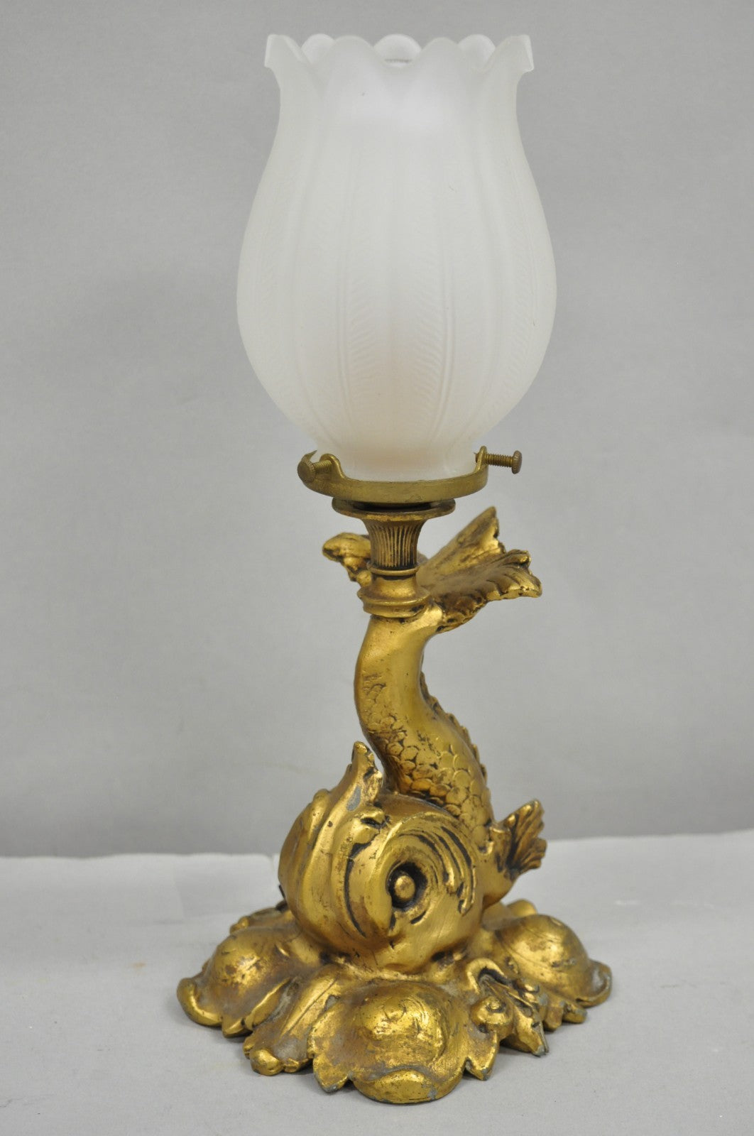 Antique French Art Nouveau Small Gold Gilt Metal Figural Dolphin Table Lamp