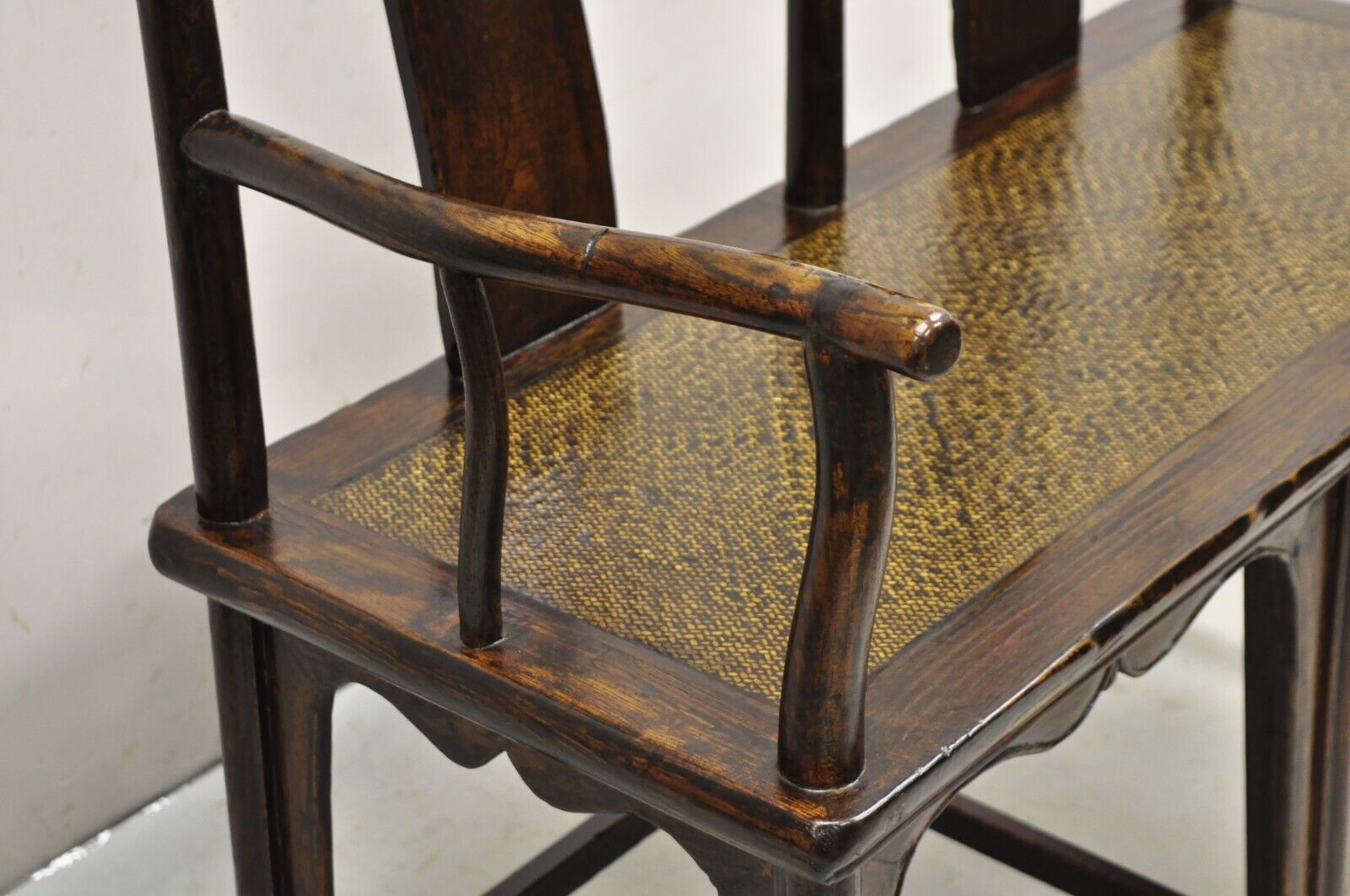 Vintage Chinese Elm Lacquered Cane Double Chairback Hall Bench Settee Sofa
