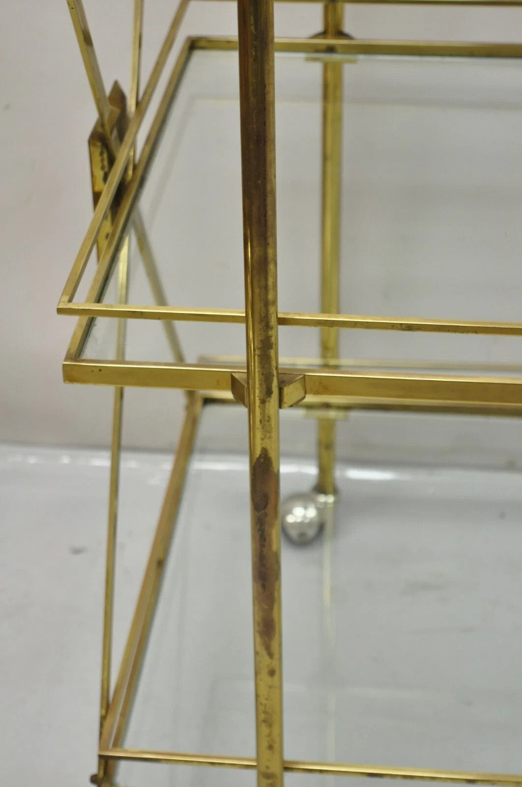 Mid Century Italian Modern 3 Tier Brass & Glass X-Frame Rolling Bar Cart Table