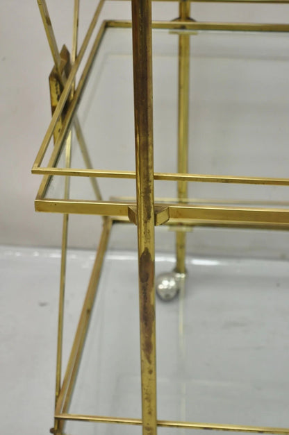 Mid Century Italian Modern 3 Tier Brass & Glass X-Frame Rolling Bar Cart Table