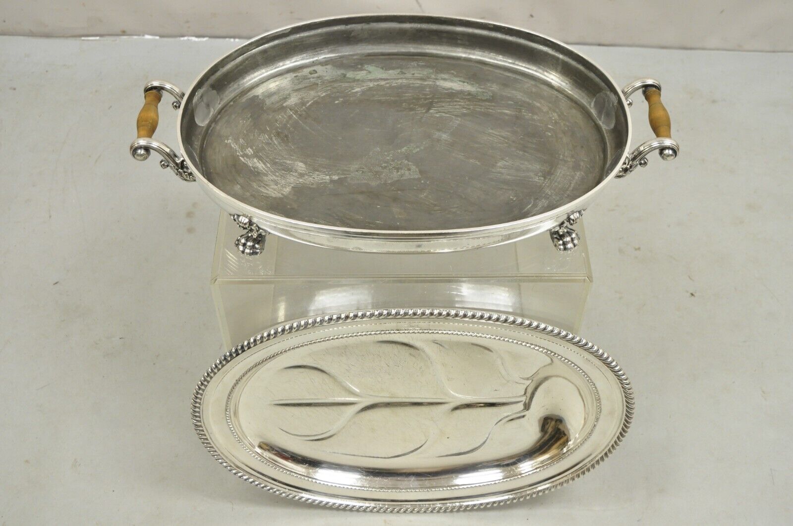 Antique English Victorian Silver Plated Paw Foot Meat Cutlery Chaffing Dish Tray