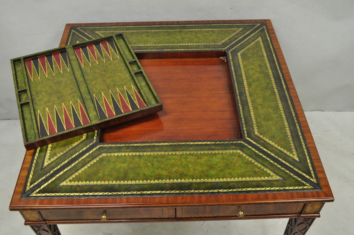 Maitland Smith Marquetry Inlay Leather Mahogany Game Table & 4 Shield Back Chair