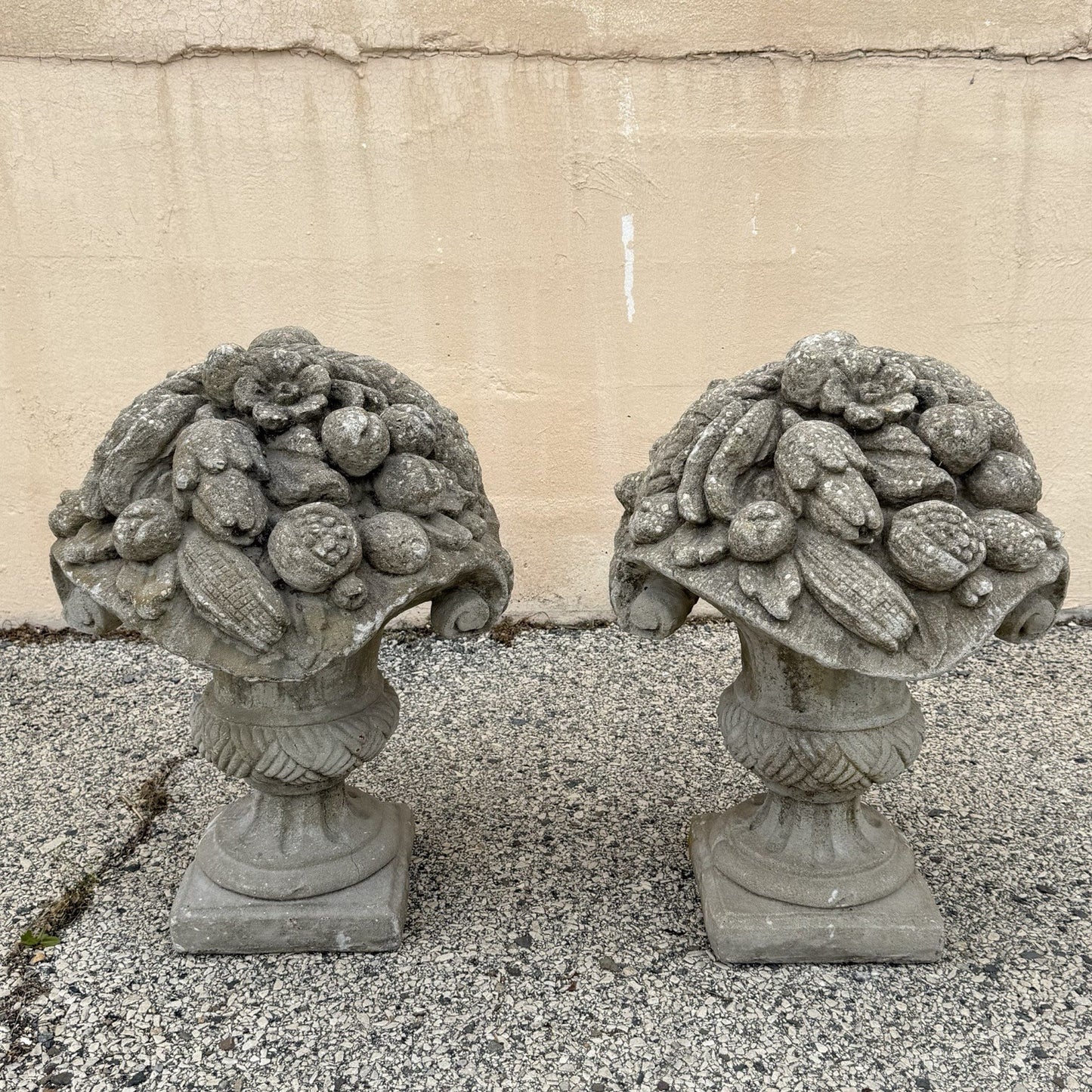 Vintage Cast Cement Stone 26" Fruit & Flower Basket Garden Lawn Ornament - Pair