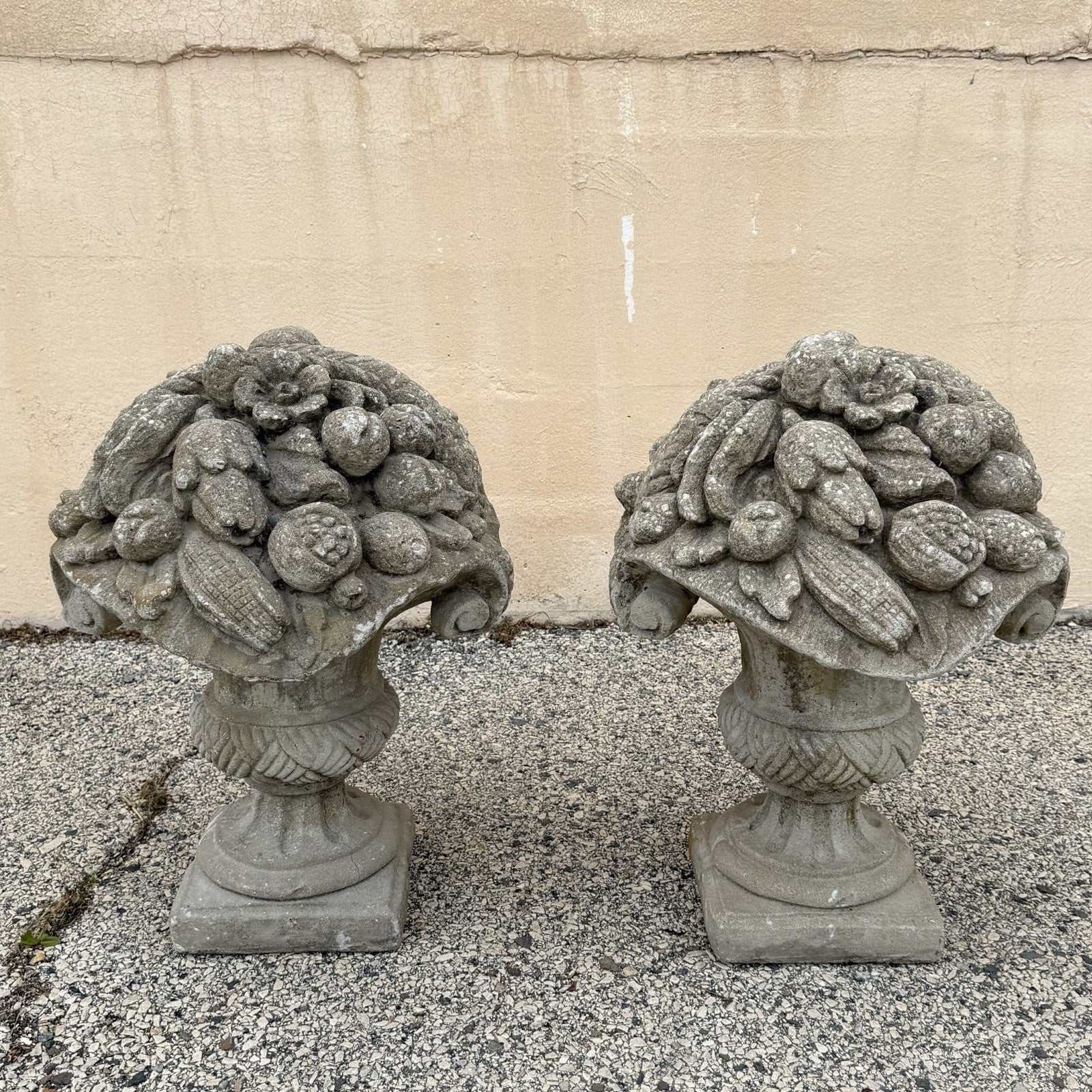Vintage Cast Cement Stone 26" Fruit & Flower Basket Garden Lawn Ornament - Pair