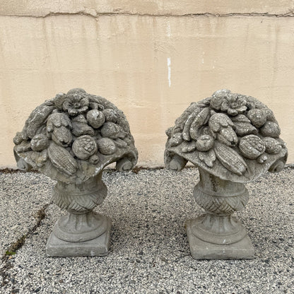 Vintage Cast Cement Stone 26" Fruit & Flower Basket Garden Lawn Ornament - Pair