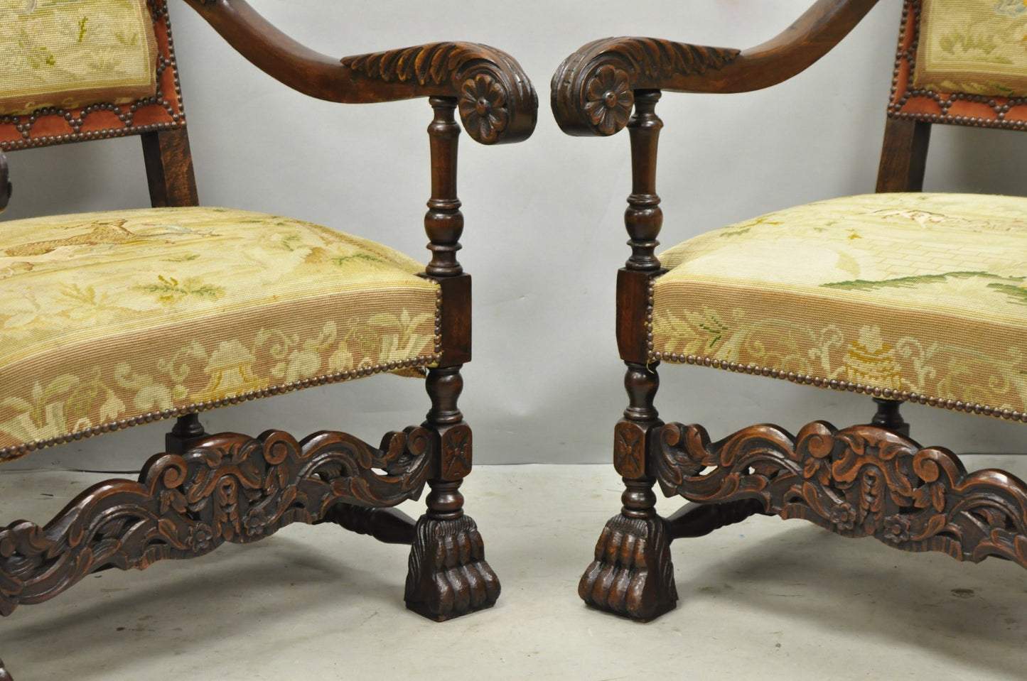 Antique French Louis XIV Style Needlepoint Tapestry Carved Walnut Arm Chair Pair