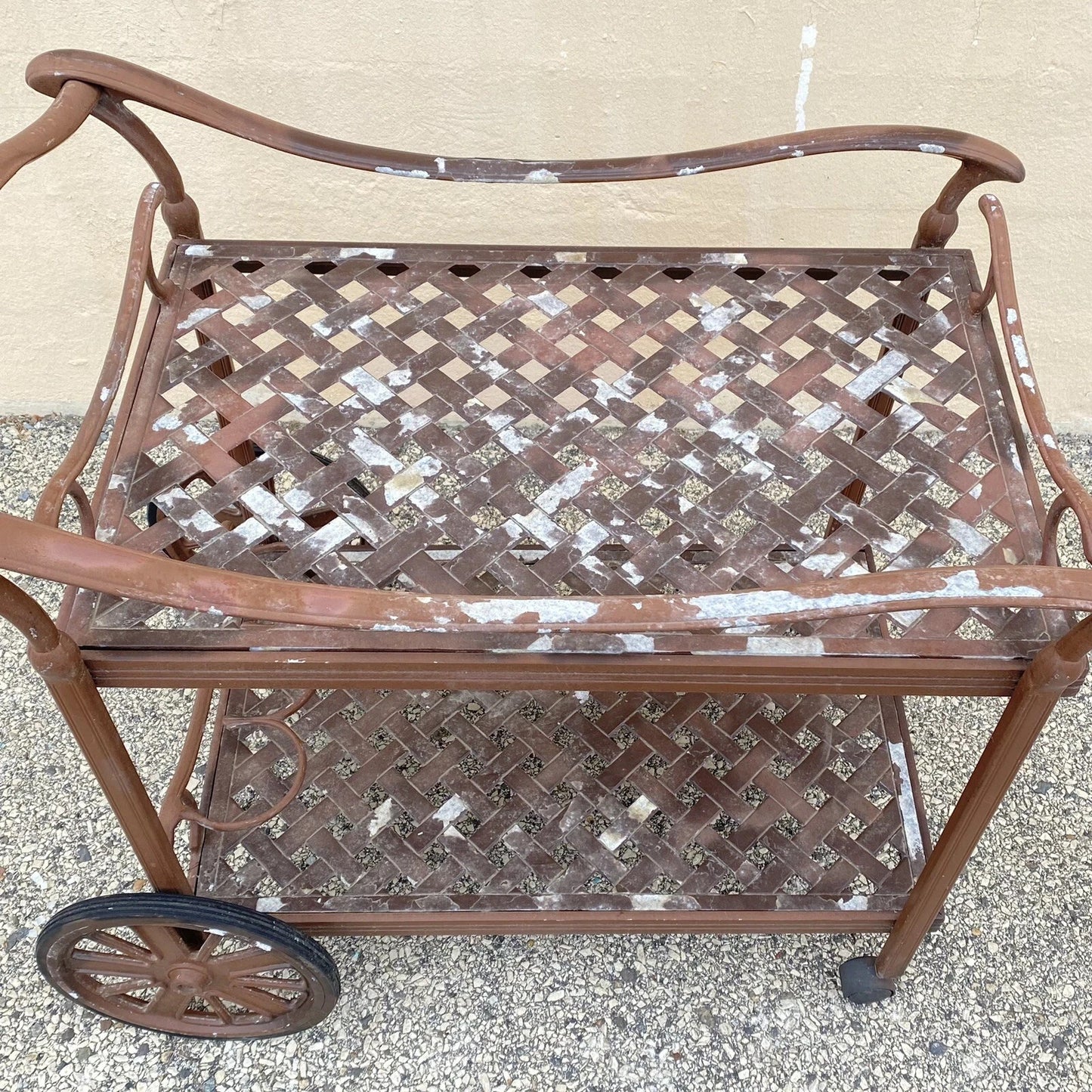 Cast Aluminum Metal Lattice Garden Patio Serving Bar Tea Cart Side Table