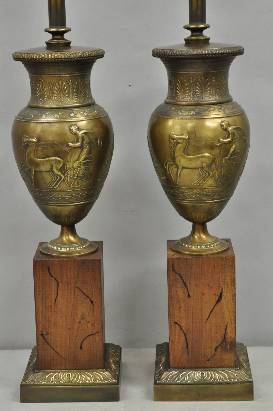 Vintage French Neoclassical Horse & Chariot Bronze Finish Urn Table Lamps a Pair