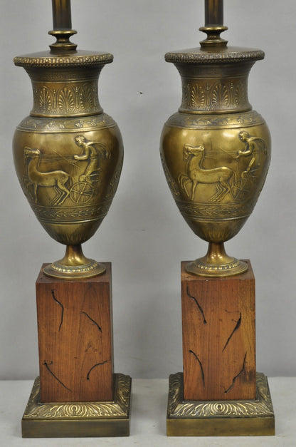 Vintage French Neoclassical Horse & Chariot Bronze Finish Urn Table Lamps a Pair