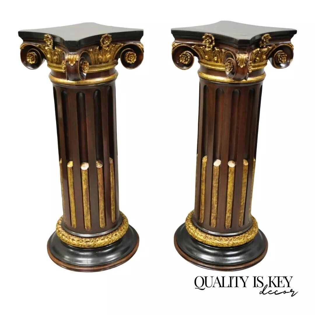 Italian Classical Carved Polychrome Gold Gilt Corinthian Column Pedestals - Pair