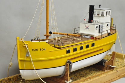 Large 48" Vintage Wooden Fishing Vessel Model Ship Yellow Hull South Korean Flag