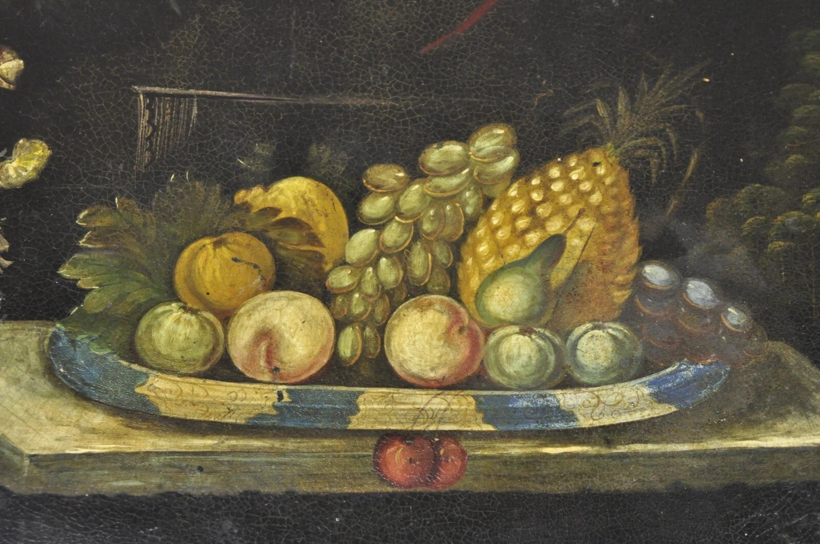 Antique French Papier Mache Tole Hand Painted Fruit Still Life and Bird Tray