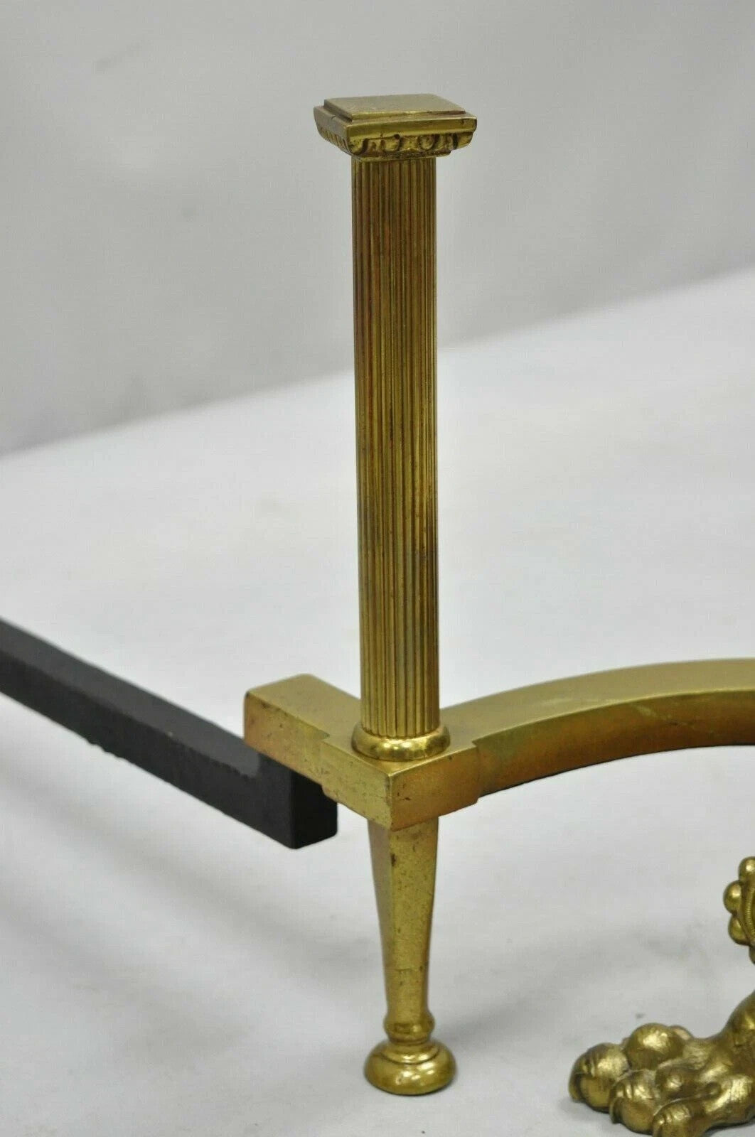 19th C. French Empire Bronze Large 32" Paw Foot Column Fireplace Andirons - Pair