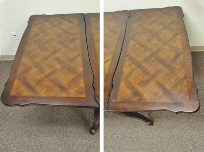 Vintage French Country Oak Parquetry Inlay Refectory Extension Leaf Dining Table