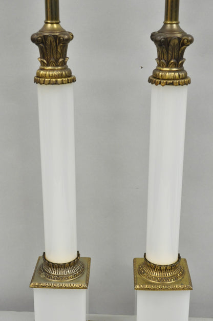 Vintage French Empire Neoclassical White Milk Glass Column Table Lamps - a Pair