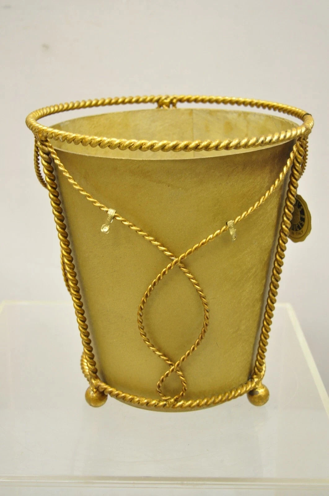 Vintage Italian Hollywood Regency Gold Gilt Iron Tole Wastebasket Trashcan