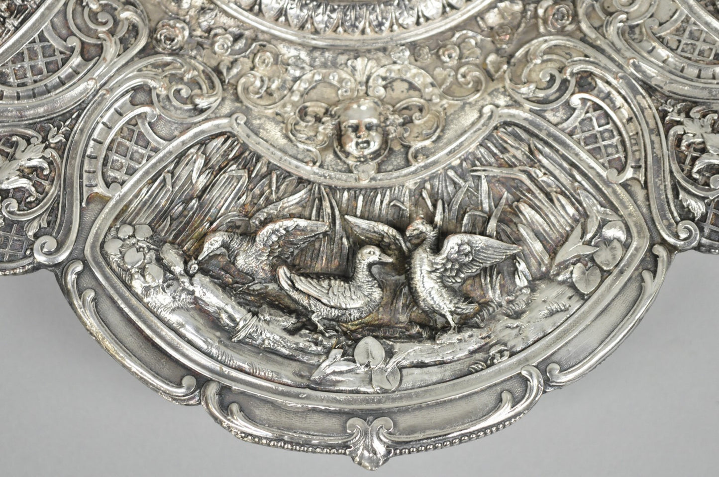 Antique English Victorian Stag Mounted Crystal Glass Inkwell Silver Plated Tray