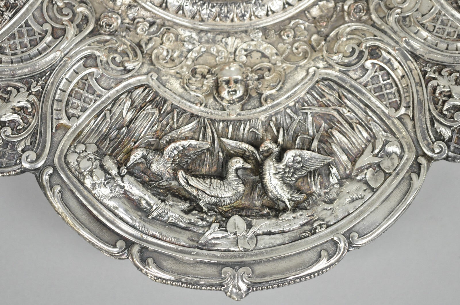 Antique English Victorian Stag Mounted Crystal Glass Inkwell Silver Plated Tray