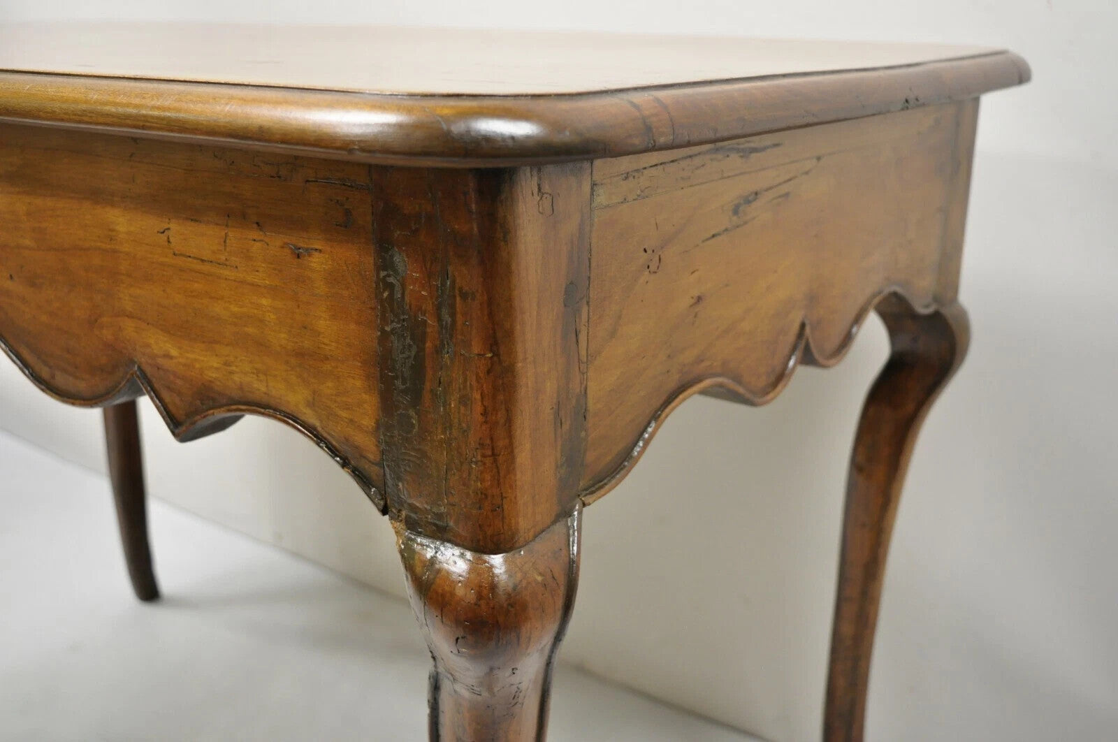 Antique French Provincial Carved Cherry Saber Leg Italian Desk Console Table