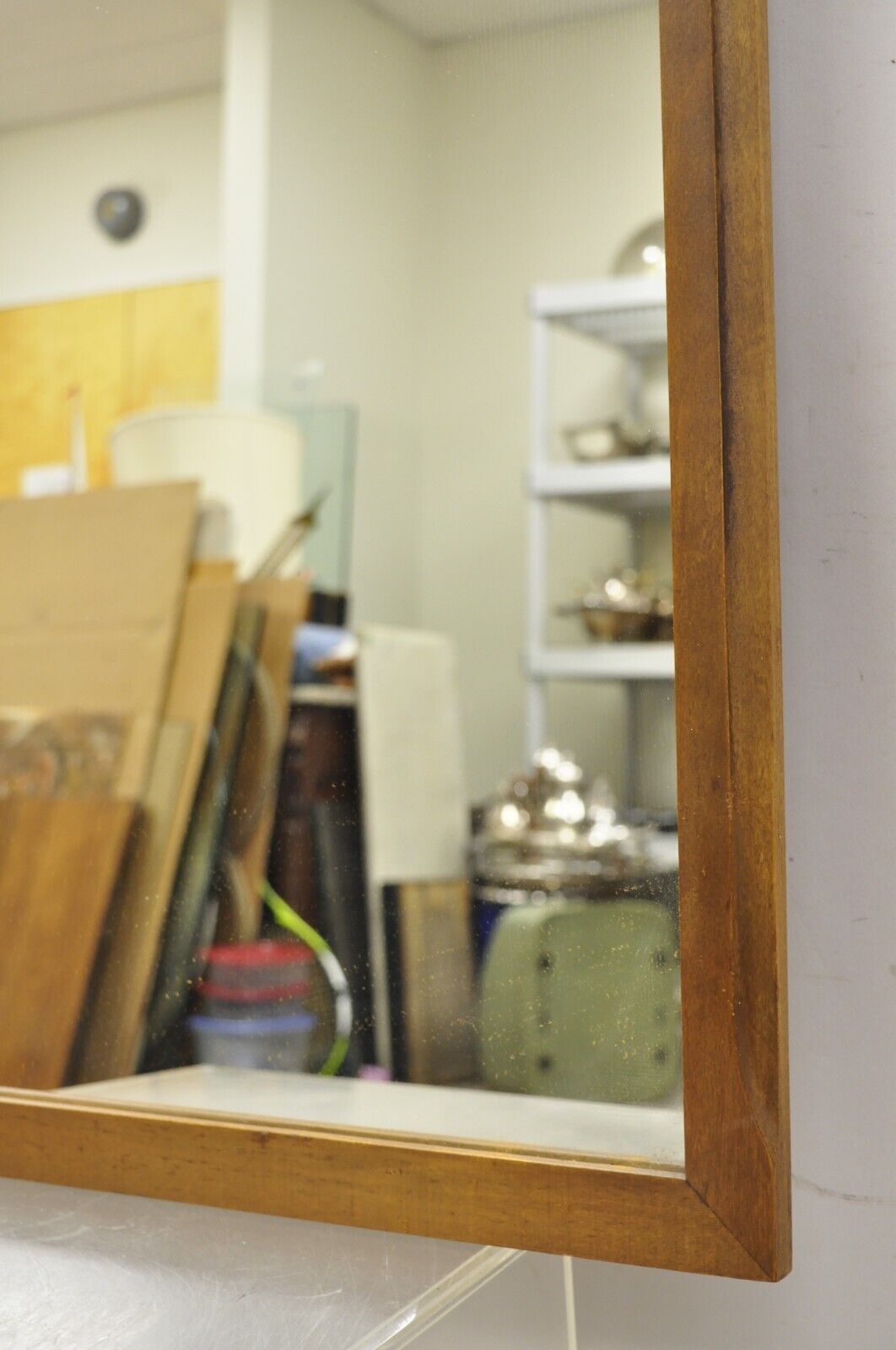 Vintage Mid Century Modern Sculpted Walnut Finial Modernist Wall Mirror
