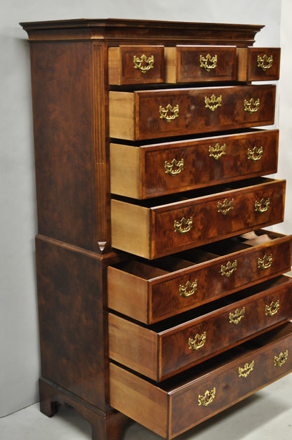 Henredon Aston Court Burl Wood Georgian Mahogany Tall Chest Highboy Dresser
