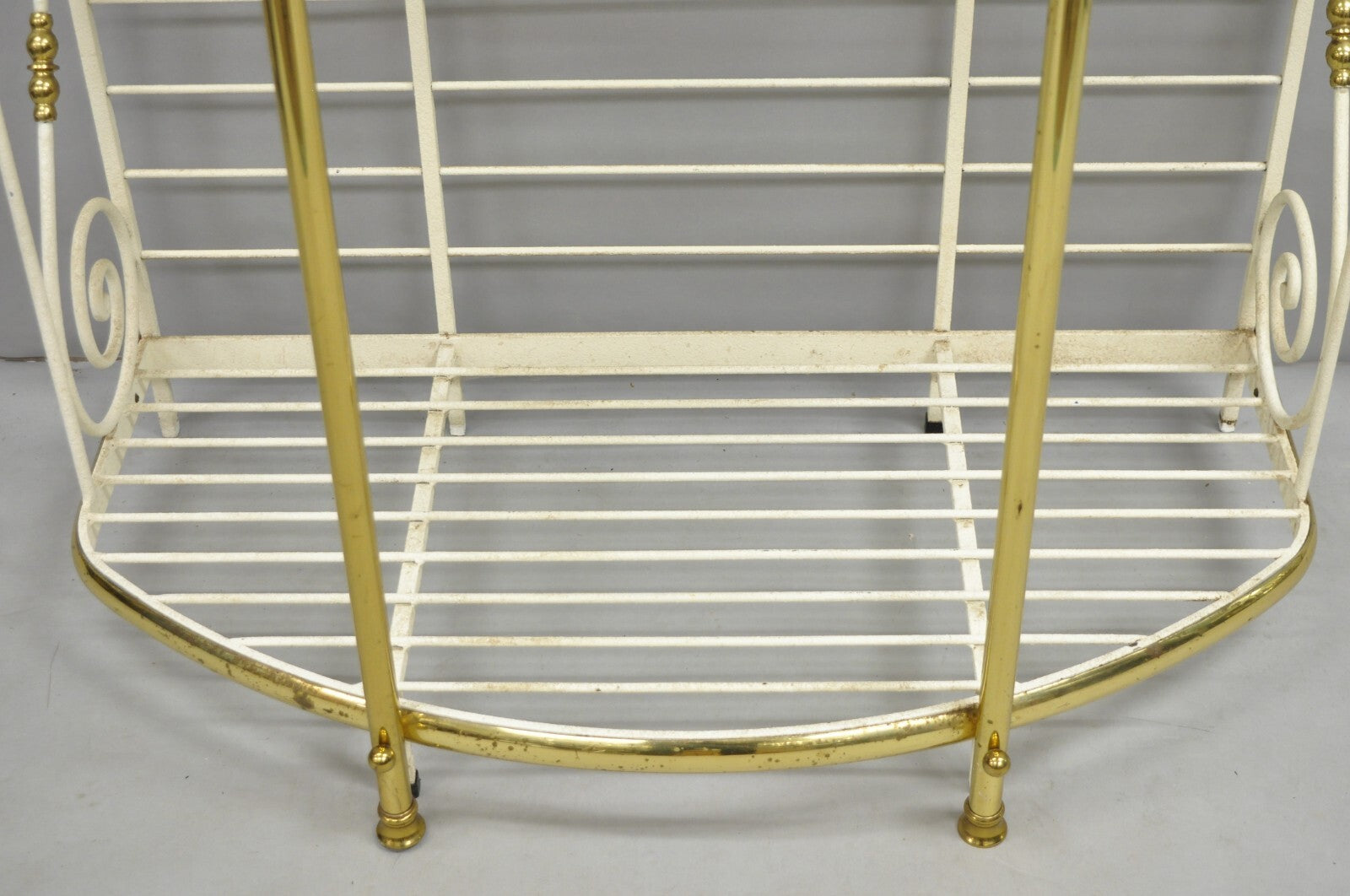Vintage French Country White Wrought Iron & Brass 3 Tier Pastry Bakers Rack