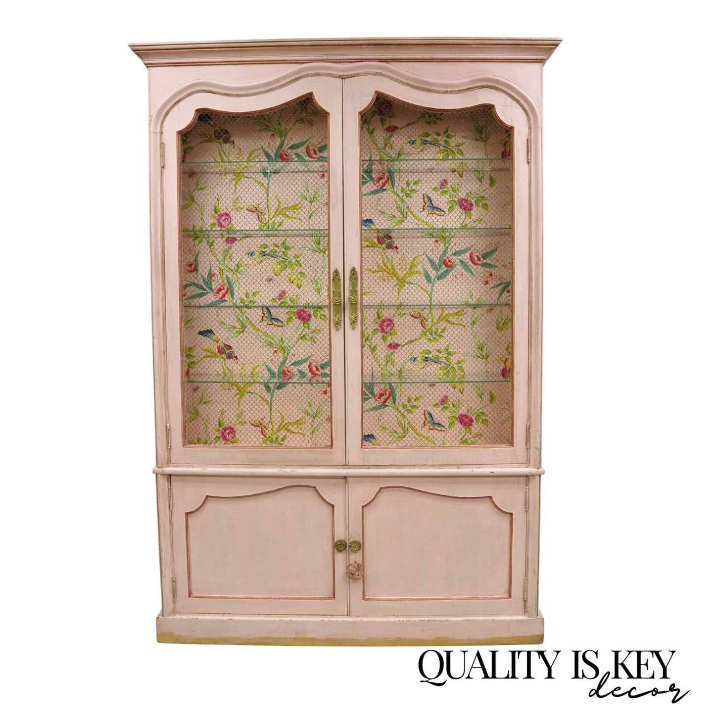 Antique Italian Venetian Pink Painted Chinoiserie Large China Display Cabinet