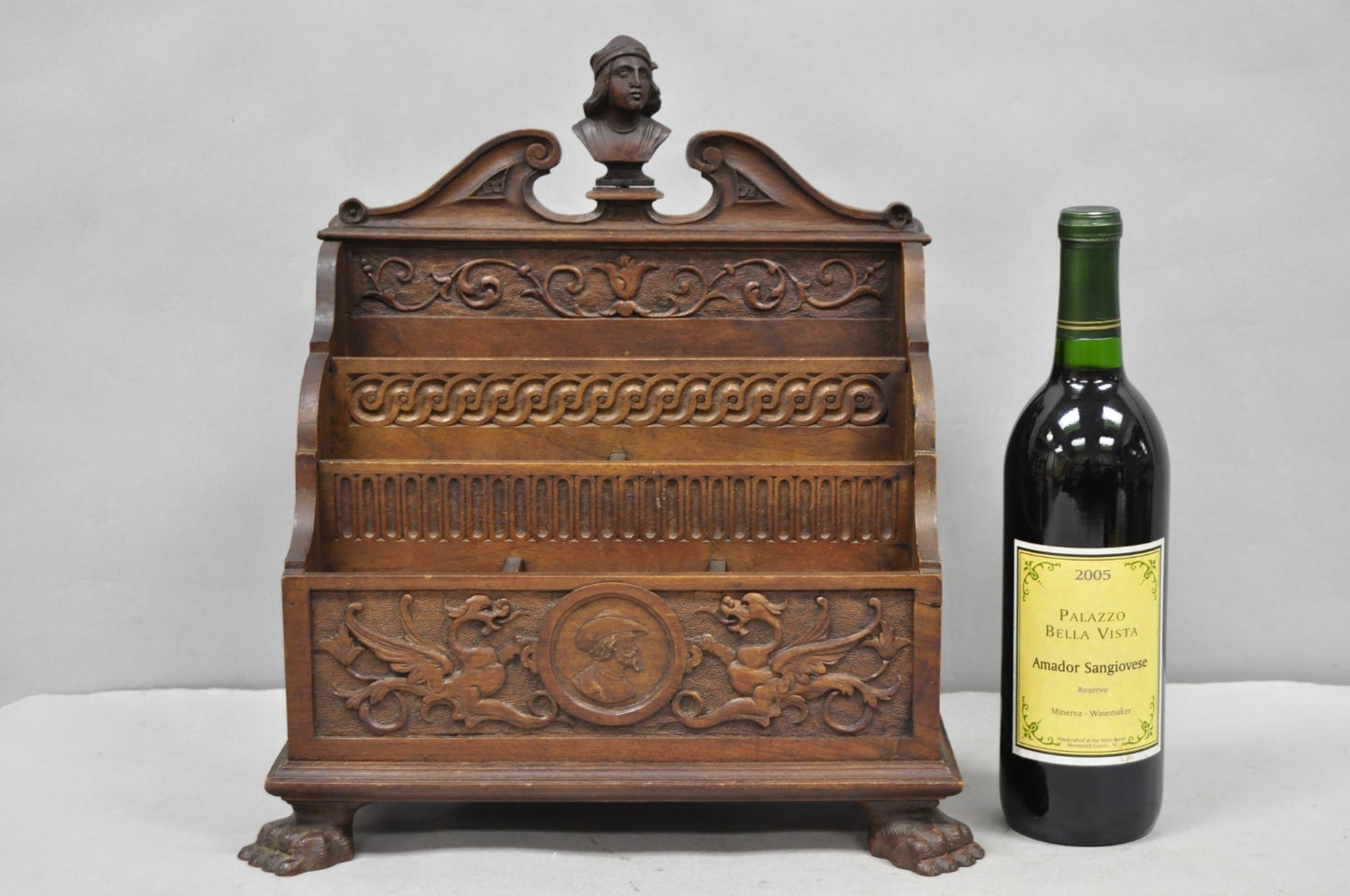 Antique Italian Renaissance Figural Carved Walnut Paw Foot Desk Letterbox