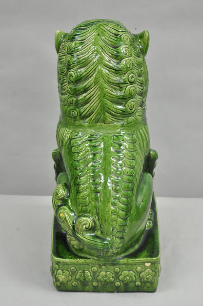 Vintage Chinoiserie Green Majolica Glazed Ceramic 24" Chinese Foo Dog Statue