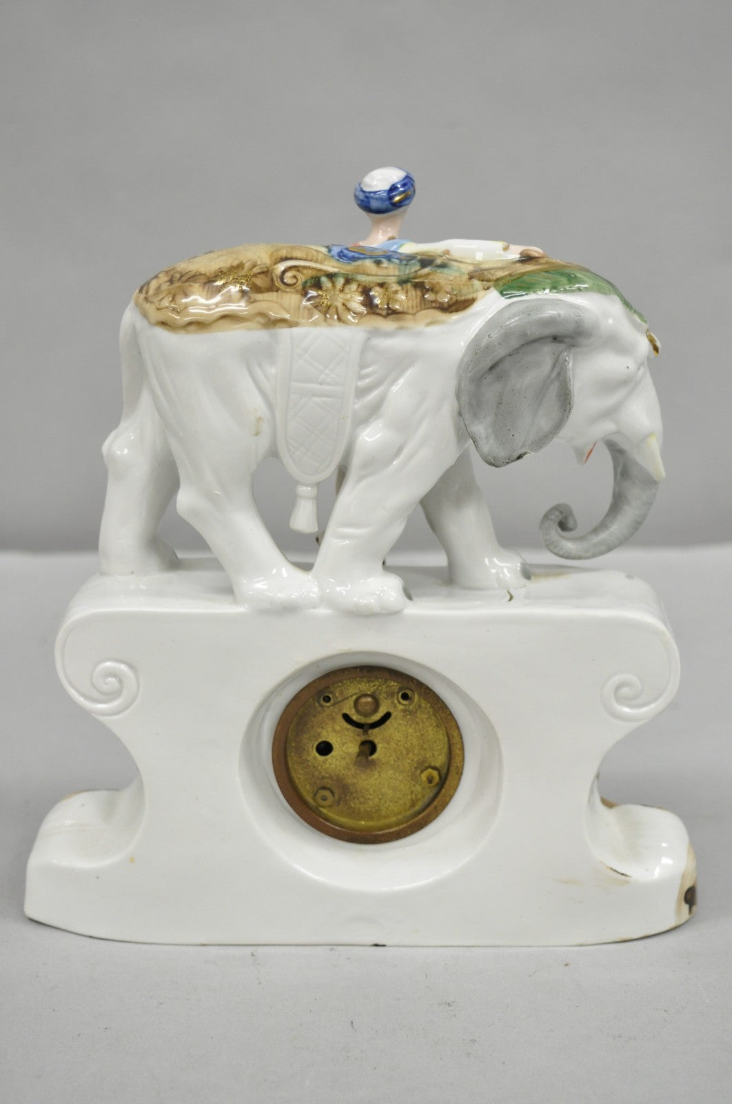 Vintage Roman Classical German Porcelain Figural Elephant & Soldier Mantel Clock