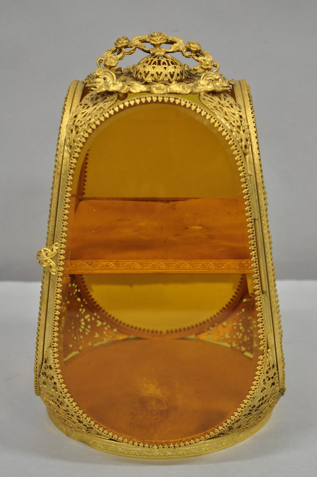 Vintage French Victorian Amber Glass Gold Filigree Vanity Jewelry Box Casket