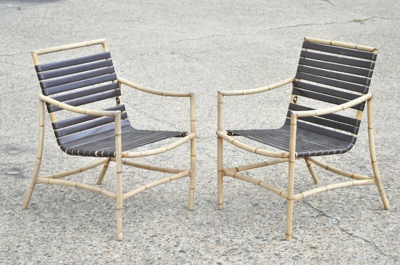 Faux Bamboo Chinese Chippendale Aluminum Vinyl Strap Pool Arm Chairs - a Pair