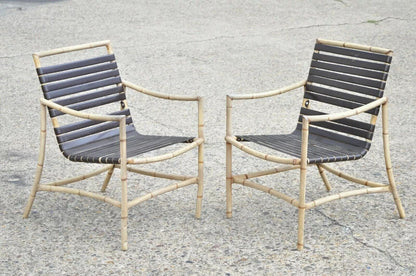 Faux Bamboo Chinese Chippendale Aluminum Vinyl Strap Pool Arm Chairs - a Pair