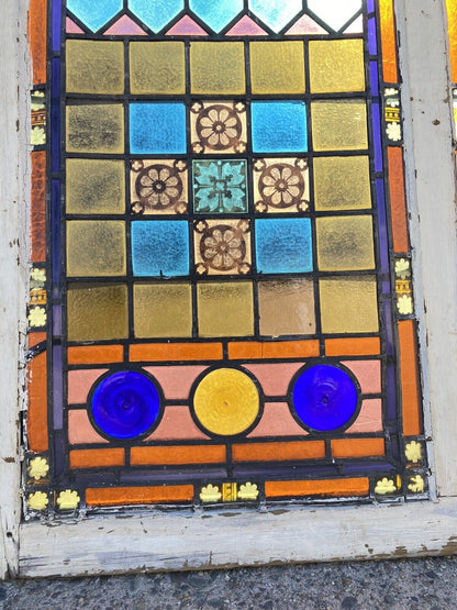 Antique Victorian 70 x 48 Double Stained Glass Window Pink Blue Green Jeweled