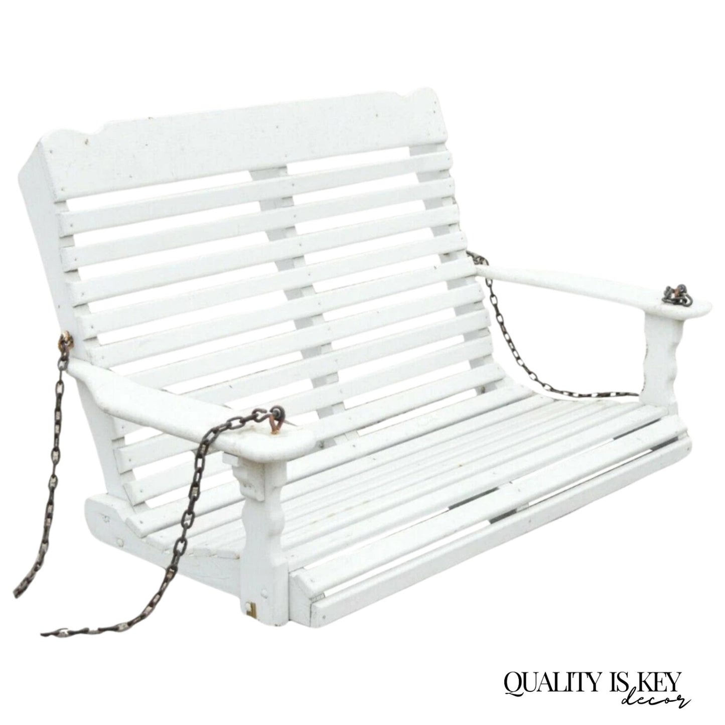 Vintage White Painted Wooden Slat Hanging Garden Patio Bench Love Seat Swing