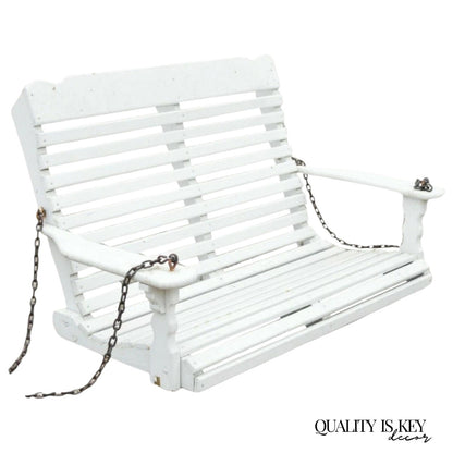 Vintage White Painted Wooden Slat Hanging Garden Patio Bench Love Seat Swing