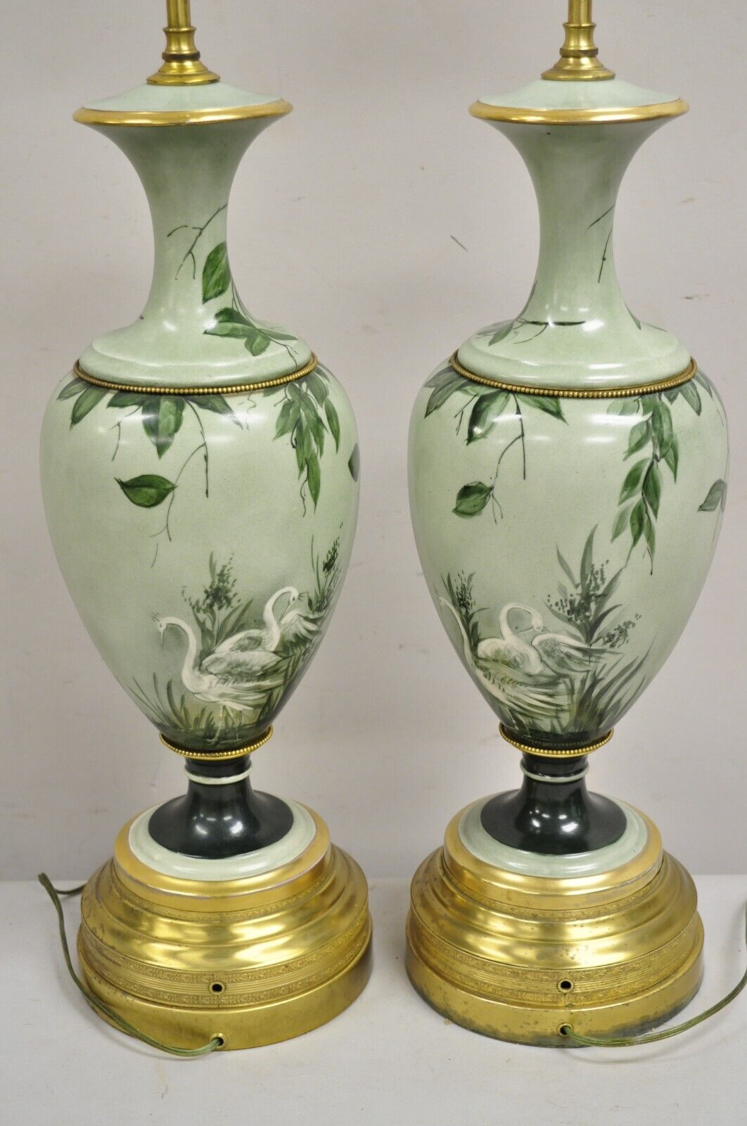 Antique French Hand Painted Porcelain "Cranes" Bird Green Urn Table Lamps - Pair