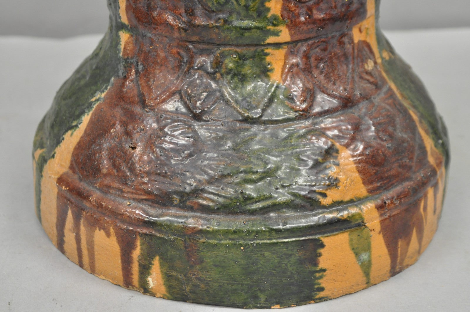 Antique Majolica Terracotta Red Green Drip Glaze Figural Plant Stand Pedestal