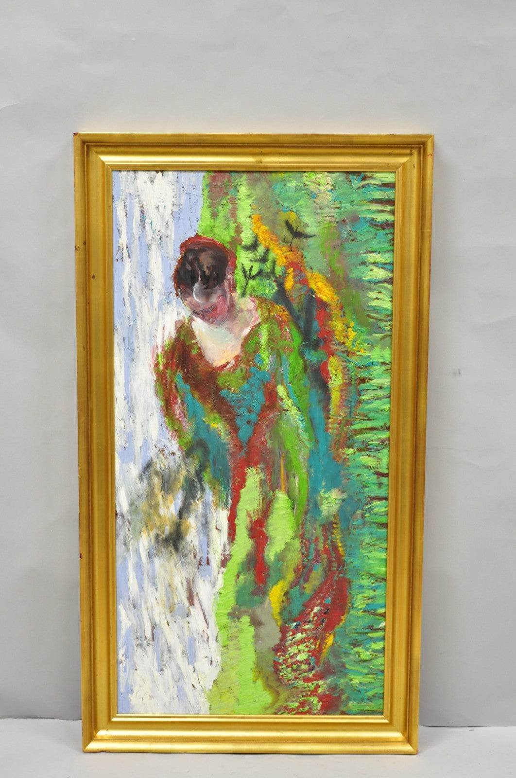 Large Impressionist Style Young Woman in Field Oil on Wood Board Framed Painting