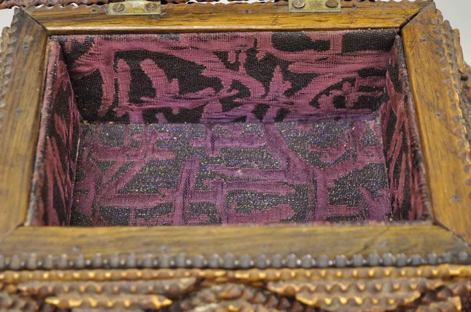 Antique Tramp Art Diamond 2 Tier Hinged Carved Wood Presentation Jewelry Box