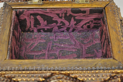 Antique Tramp Art Diamond 2 Tier Hinged Carved Wood Presentation Jewelry Box