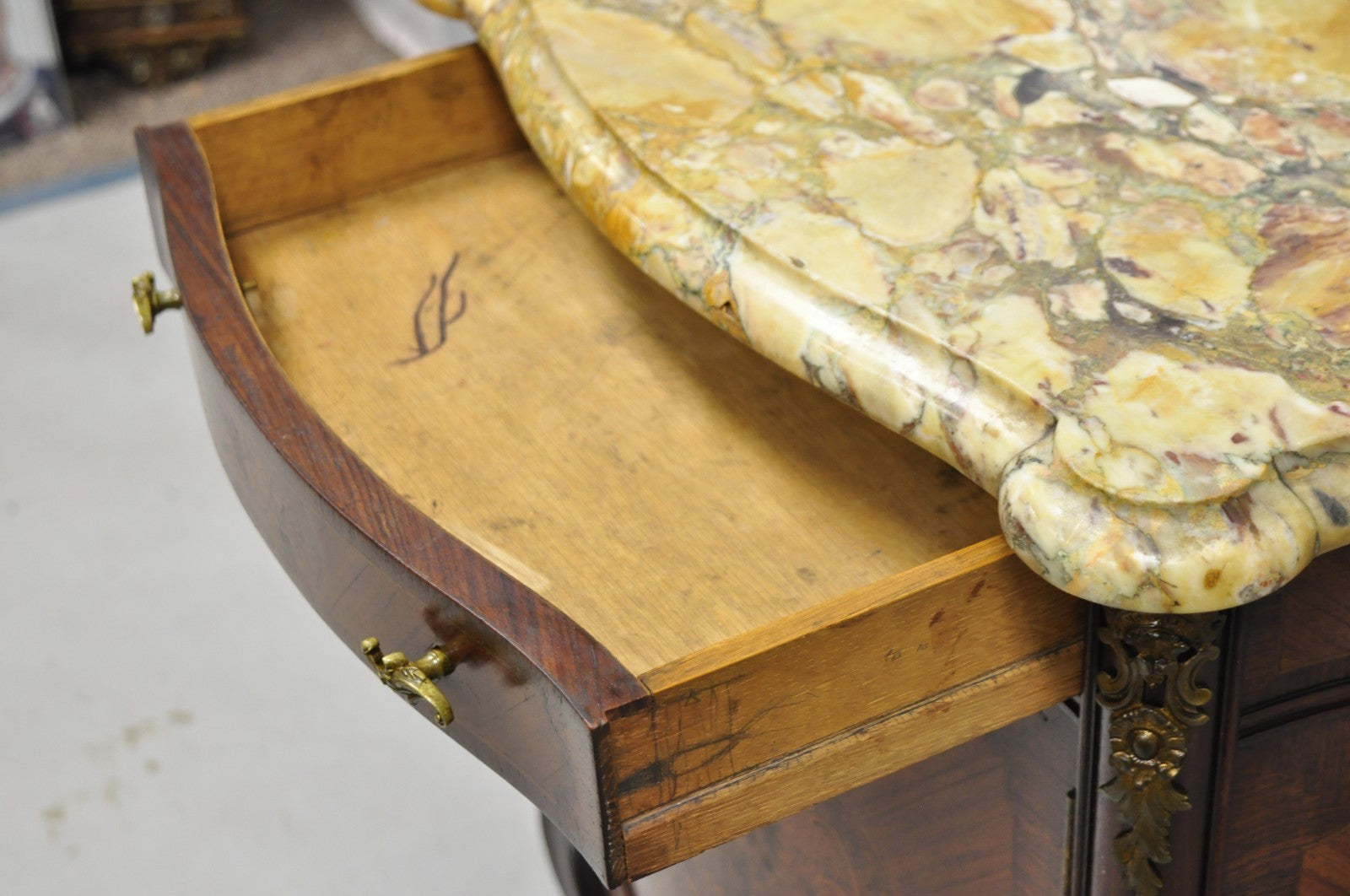 Antique French Louis XV Style Marble Top Satinwood Inlay Bombe Nightstand Table